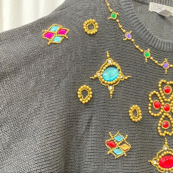 Vintage Glam Black Gold Metallic Beads & Jewels Embellished Beaded Sweater M - Picture 4 of 7